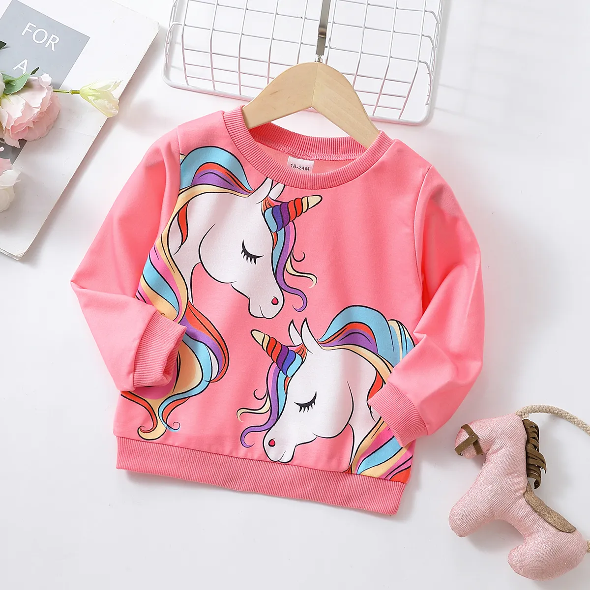 Baby Girl Unicorn Print Long-sleeve Pullover Sweatshirt Pink big image 1