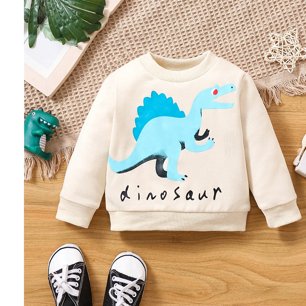 Baby Boy/Girl Dinosaur & Letter Print Long-sleeve Sweatshirt Apricot big image 1