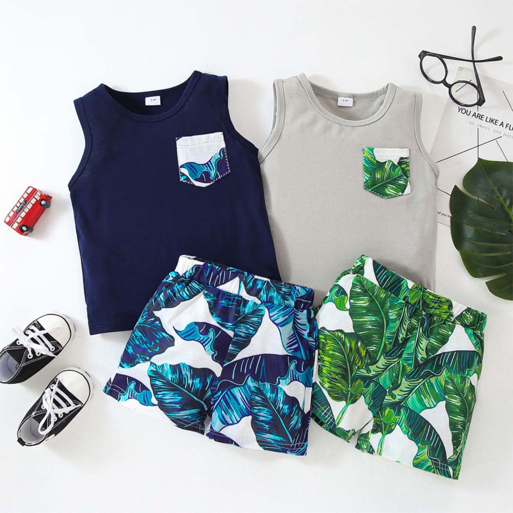 2pcs Toddler Boy Boho Pocket Design Tank Top and Floral Leaf Print Shorts Set
