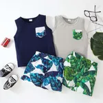 2pcs Toddler Boy Boho Pocket Design Tank Top and Floral Leaf Print Shorts Set Grey