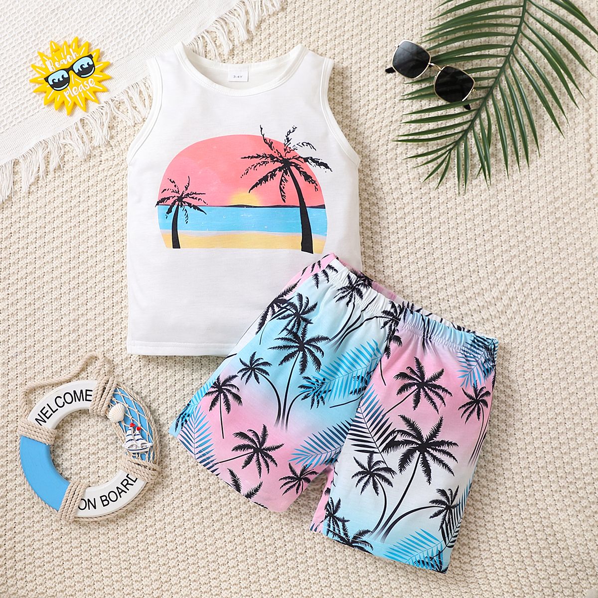 

2pcs Toddler Boy Playful Coconut Tree Print Tank Top and Shorts Set