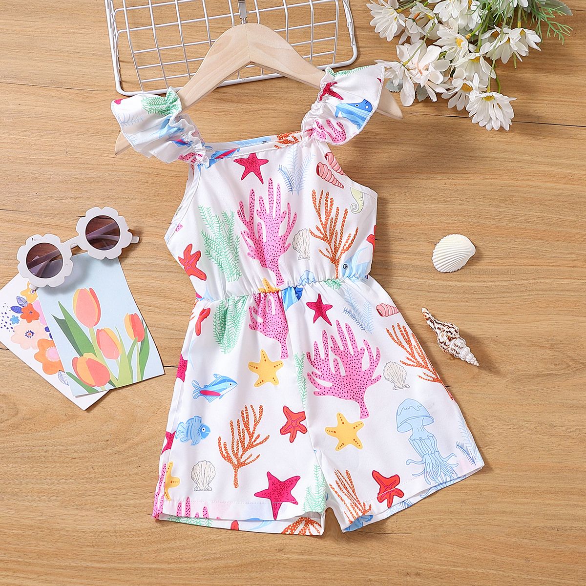 

Toddler Girl Ocean Print Flutter-sleeve Romper