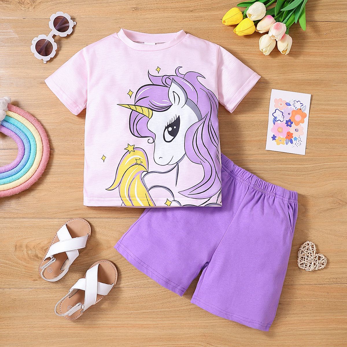 

2pcs Toddler Girl Unicorn Print Short-sleeve Top and Solid Shorts Set