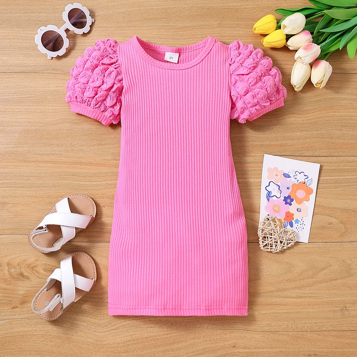 

Toddler Girl Puff Sleeve Ribbed Bodycon Dress