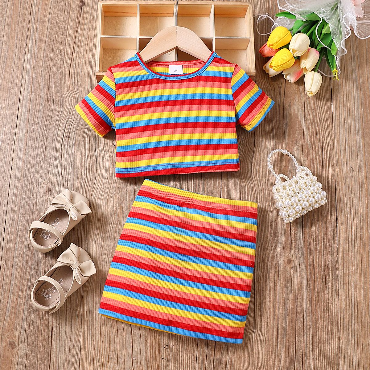 2pcs Toddler Girl 100% Cotton Colorful Stripe Short-sleeve Top And Bodycon Skirt Set