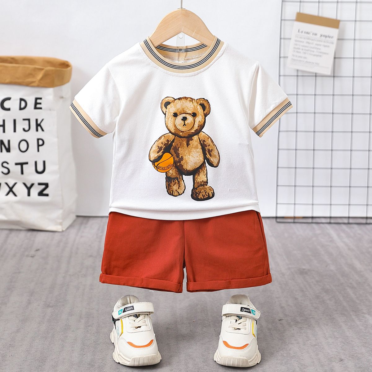 

2pcs Toddler Boy Bear Print Striped Short-sleeve Tee and 100% Cotton Solid Shorts Set