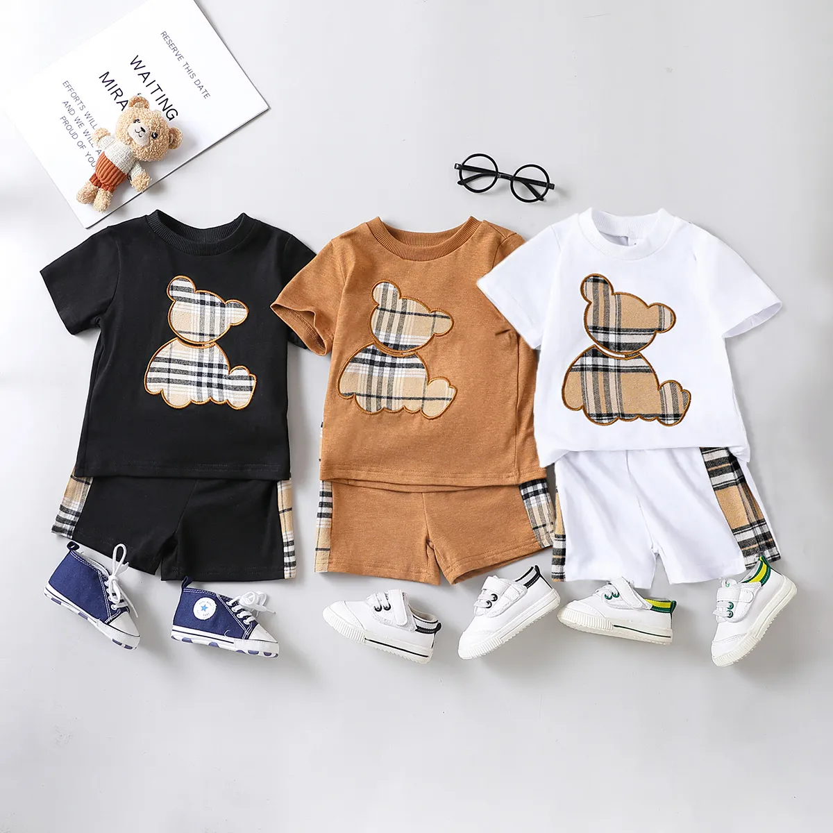 2pcs Baby Boy Plaid Bear Graphic Short-sleeve Tee & Shorts Set White image 6