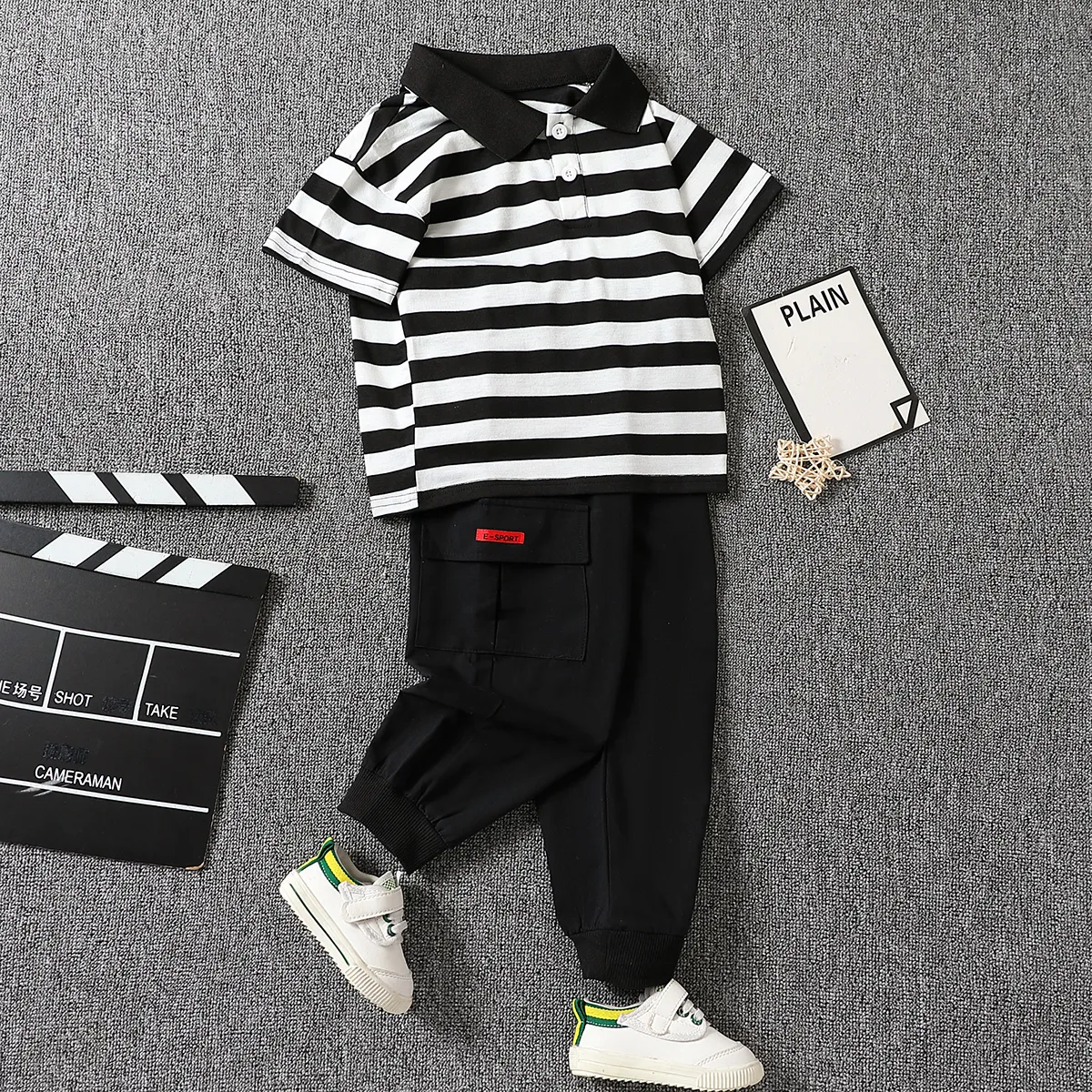 2pcs Toddler Boy Stripe Polo Neck Tee Et 100% Cotton Cargo Pants Set