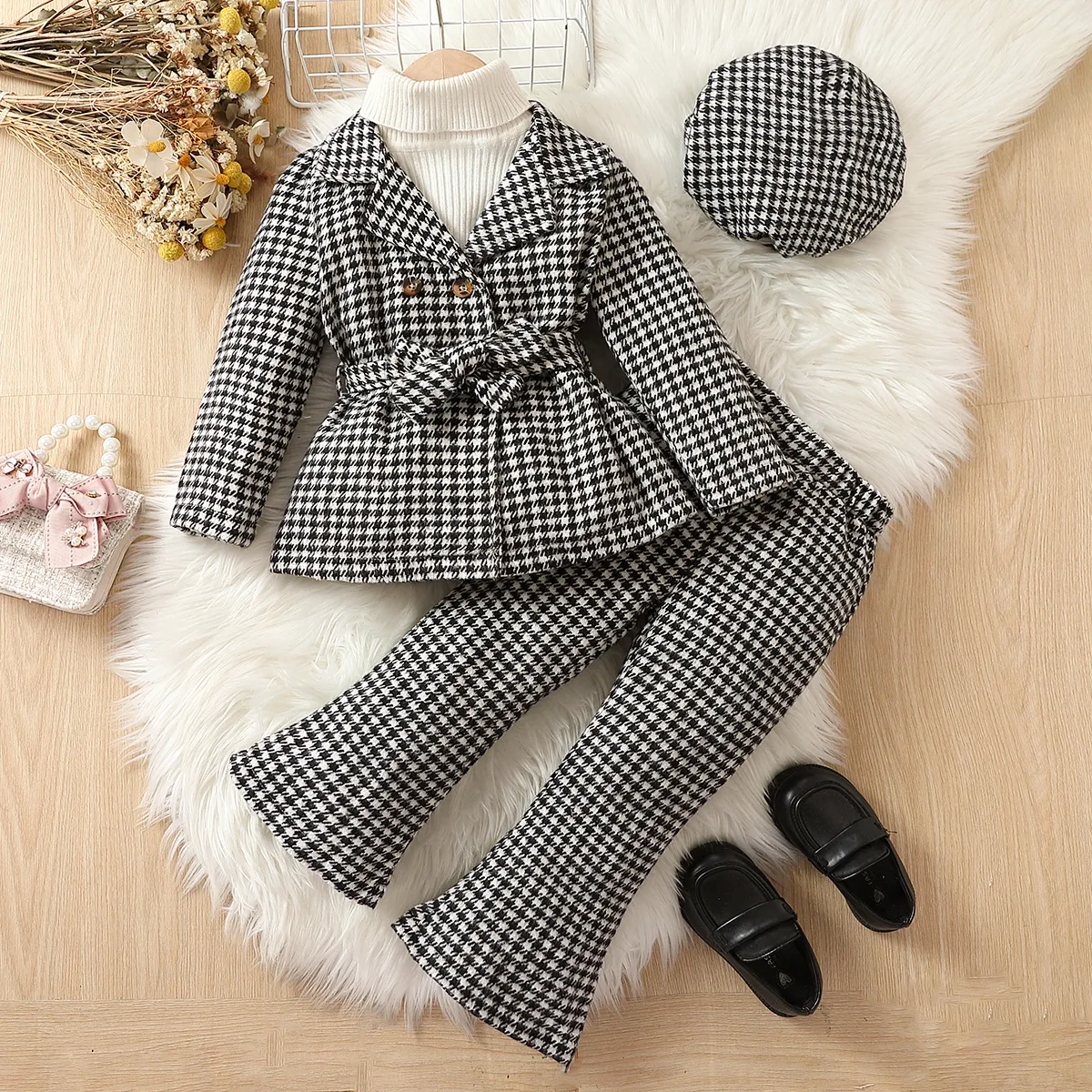 3PCS Toddler Girl Classic Grid/Houndstooth Horn Edge Set 