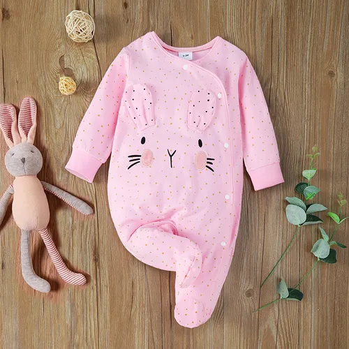 Rabbit Print 3D Ear Desert Dotted Footed/footie Long-sleeve White Baby Jumpsuit