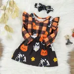 3pcs Halloween Style Plaid Print Ruffle Decor Long-sleeve Orange Baby Set Black