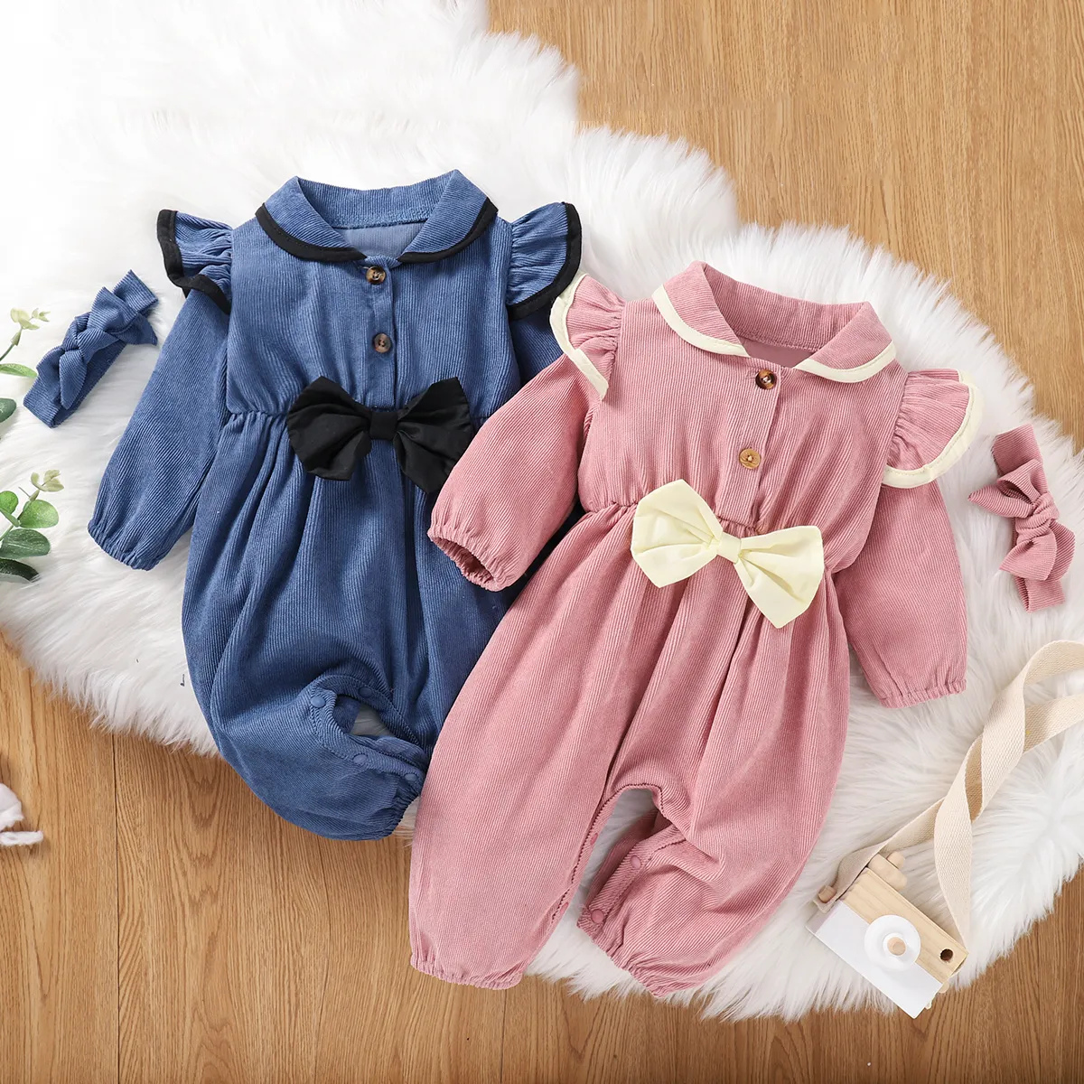 2pcs Baby Solid Lapel Long-sleeve Ruffle Bowknot Jumpsuit Set