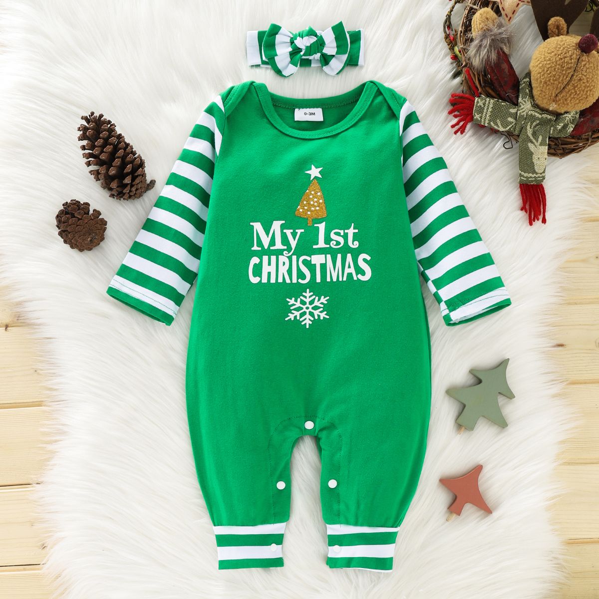 

Baby 2pcs Christmas Letter Print and Striped Red Long-sleeve Jumpsuit Set