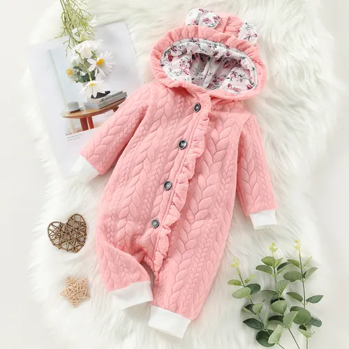 Macacão quentinho para bebê com manga longa, capuz, forrado em fleece, com babados cor-de-rosa e orelhinhas 3D