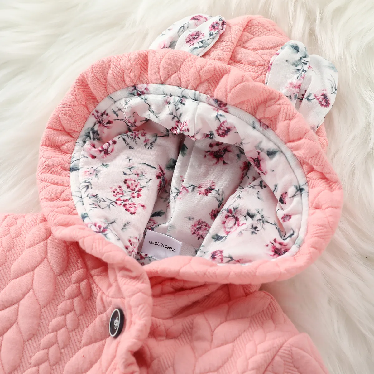 3D Ears Hooded Long-sleeve Ruffle Pink Thickened Lined Baby Jumpsuit Pink big image 1