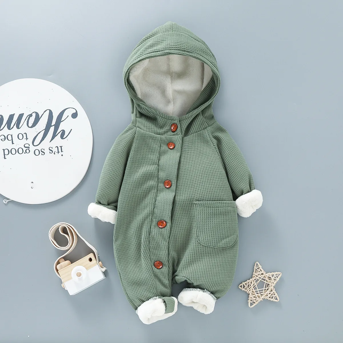 Baby 95% Cotton Long-sleeve Thickened Fleece Lined Hooded Waffle Jumpsuit Turquoise big image 1