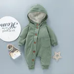 Baby 95% Cotton Long-sleeve Thickened Fleece Lined Hooded Waffle Jumpsuit Turquoise image 2
