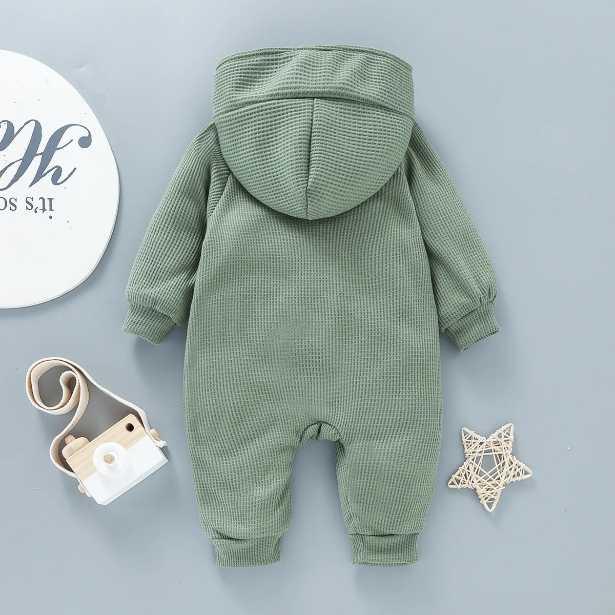 Baby 95% Cotton Long-sleeve Thickened Fleece Lined Hooded Waffle Jumpsuit Turquoise image 3