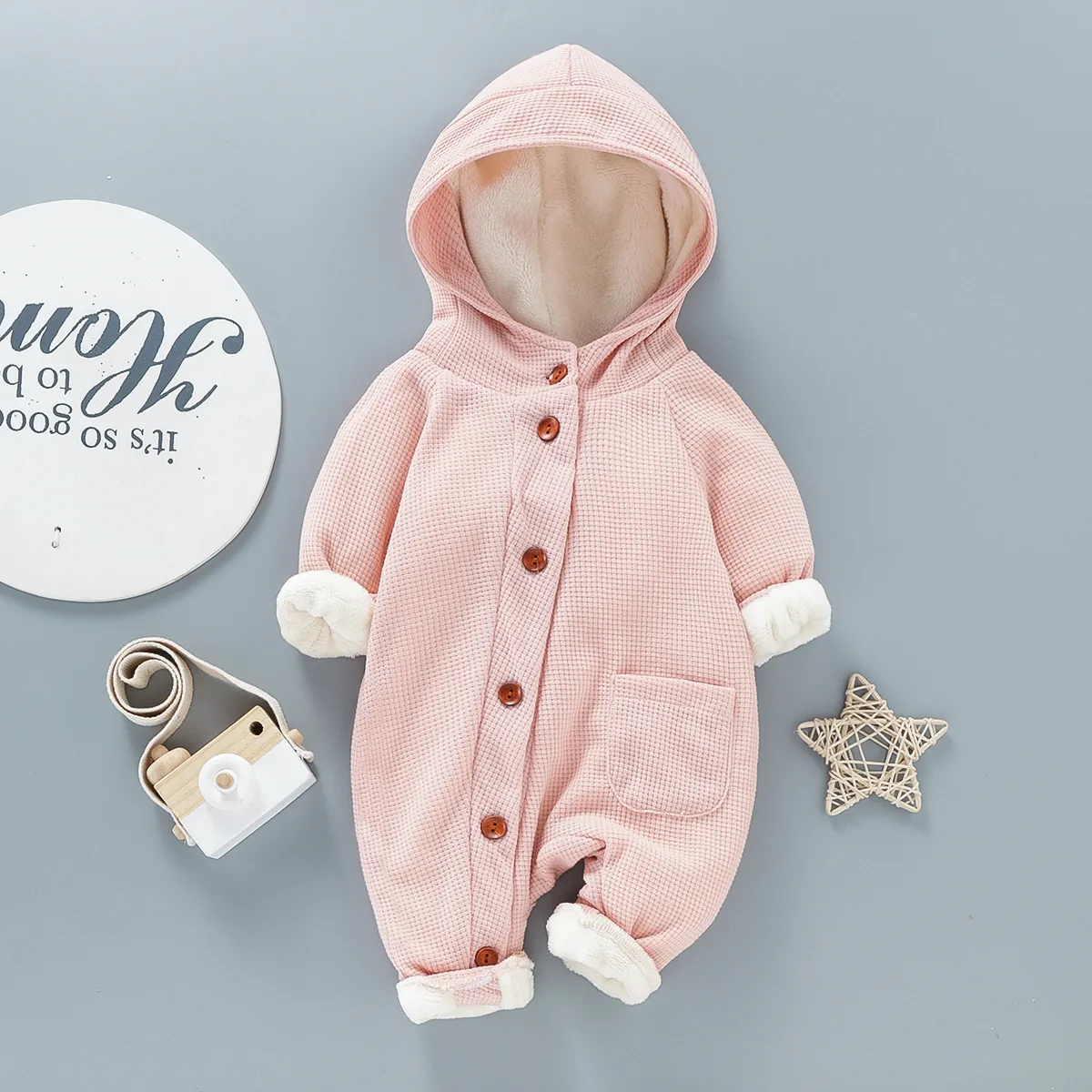 Baby 95% Cotton Long-sleeve Thickened Fleece Lined Hooded Waffle Jumpsuit