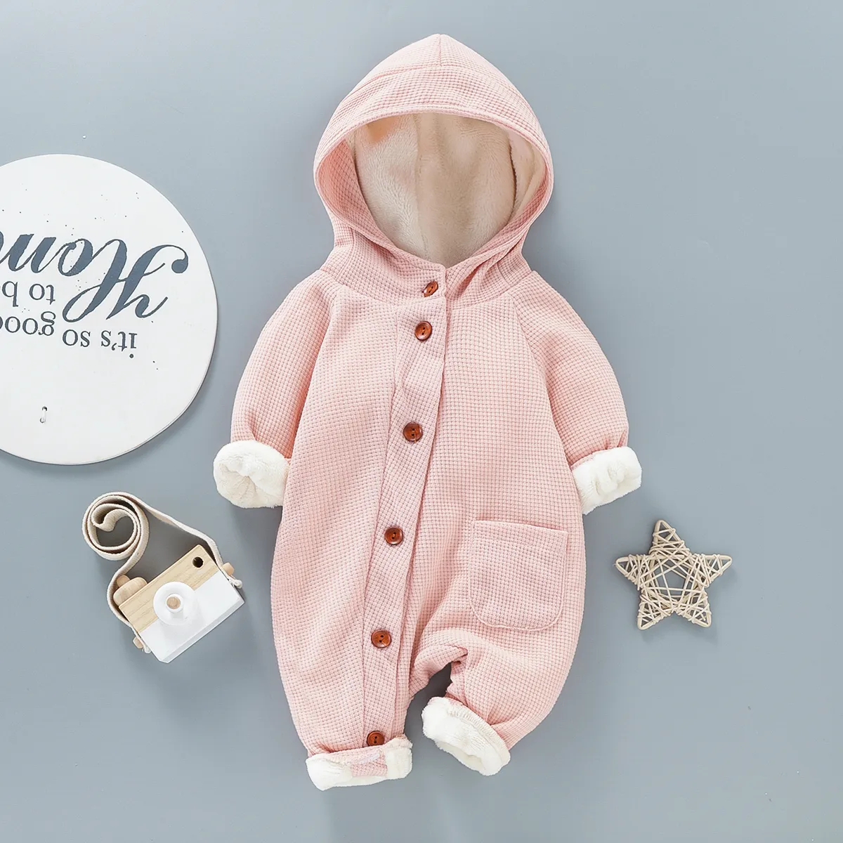 Baby 95% Cotton Long-sleeve Thickened Fleece Lined Hooded Waffle Jumpsuit Pink