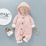 Baby 95% Cotton Long-sleeve Thickened Fleece Lined Hooded Waffle Jumpsuit Pink
