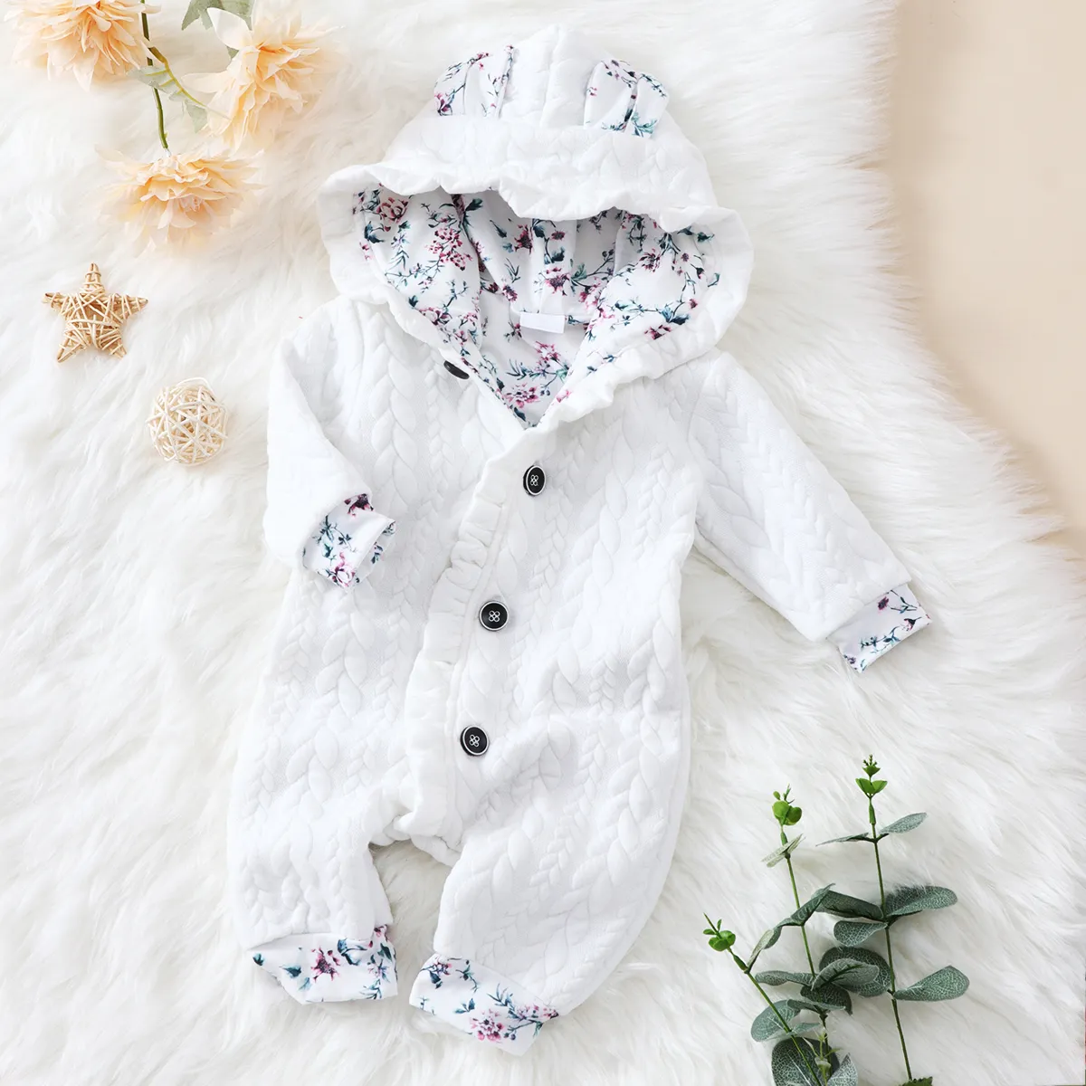 3D Ears Hooded Long-sleeve Ruffle Pink Thickened Lined Baby Jumpsuit