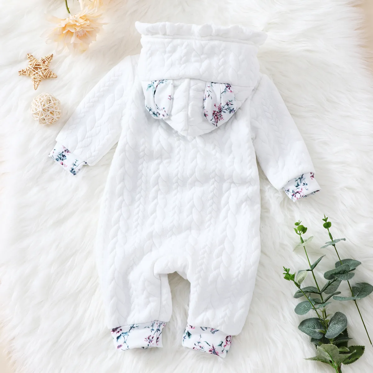 3D Ears Hooded Long-sleeve Ruffle Pink Thickened Lined Baby Jumpsuit White big image 1