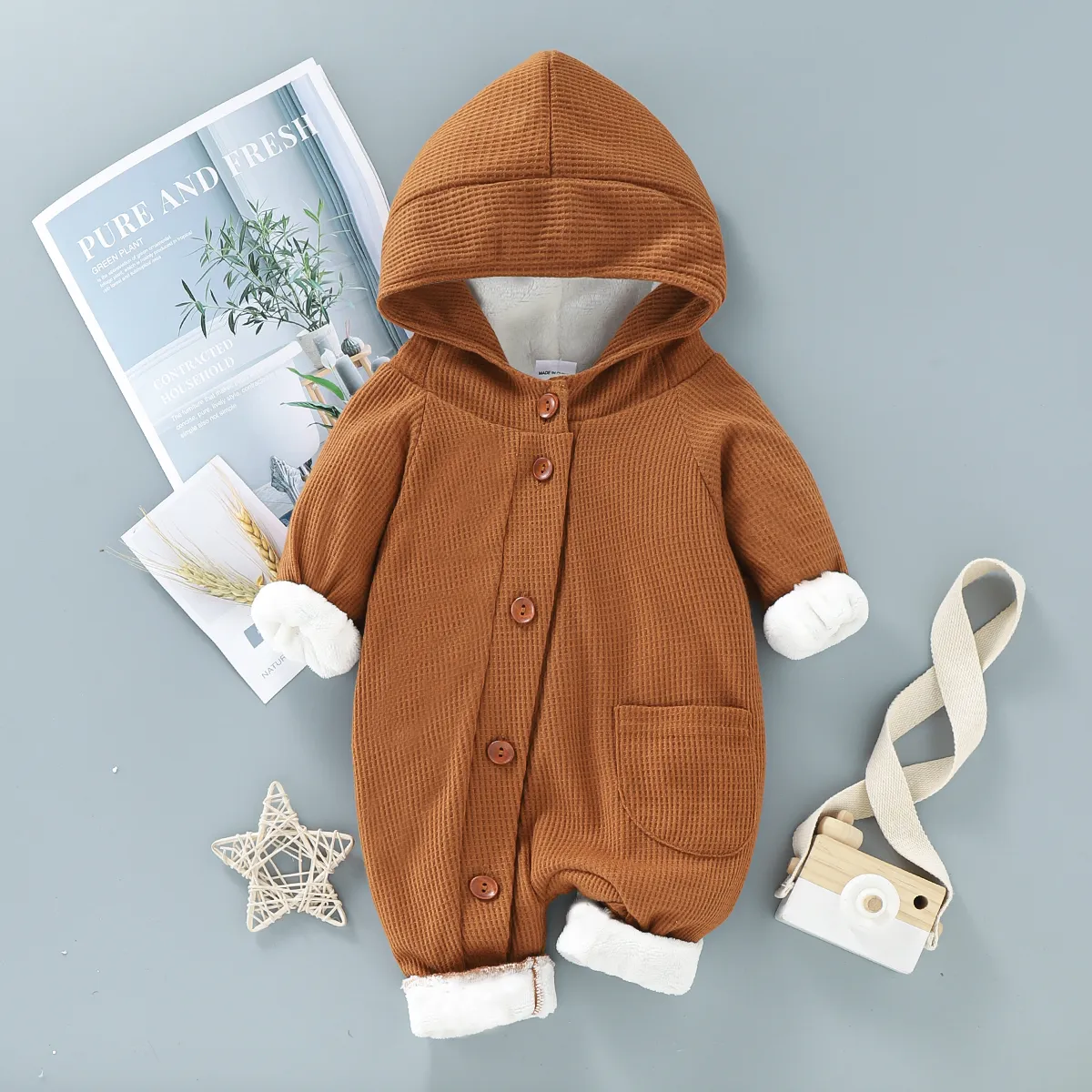 Baby 95% Cotton Long-sleeve Thickened Fleece Lined Hooded Waffle Jumpsuit Brown