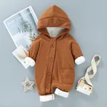 Baby 95% Cotton Long-sleeve Thickened Fleece Lined Hooded Waffle Jumpsuit Brown