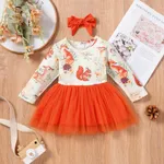 2pcs Baby All Over Animal Print Long-sleeve Splicing Mesh Dress Set Orange
