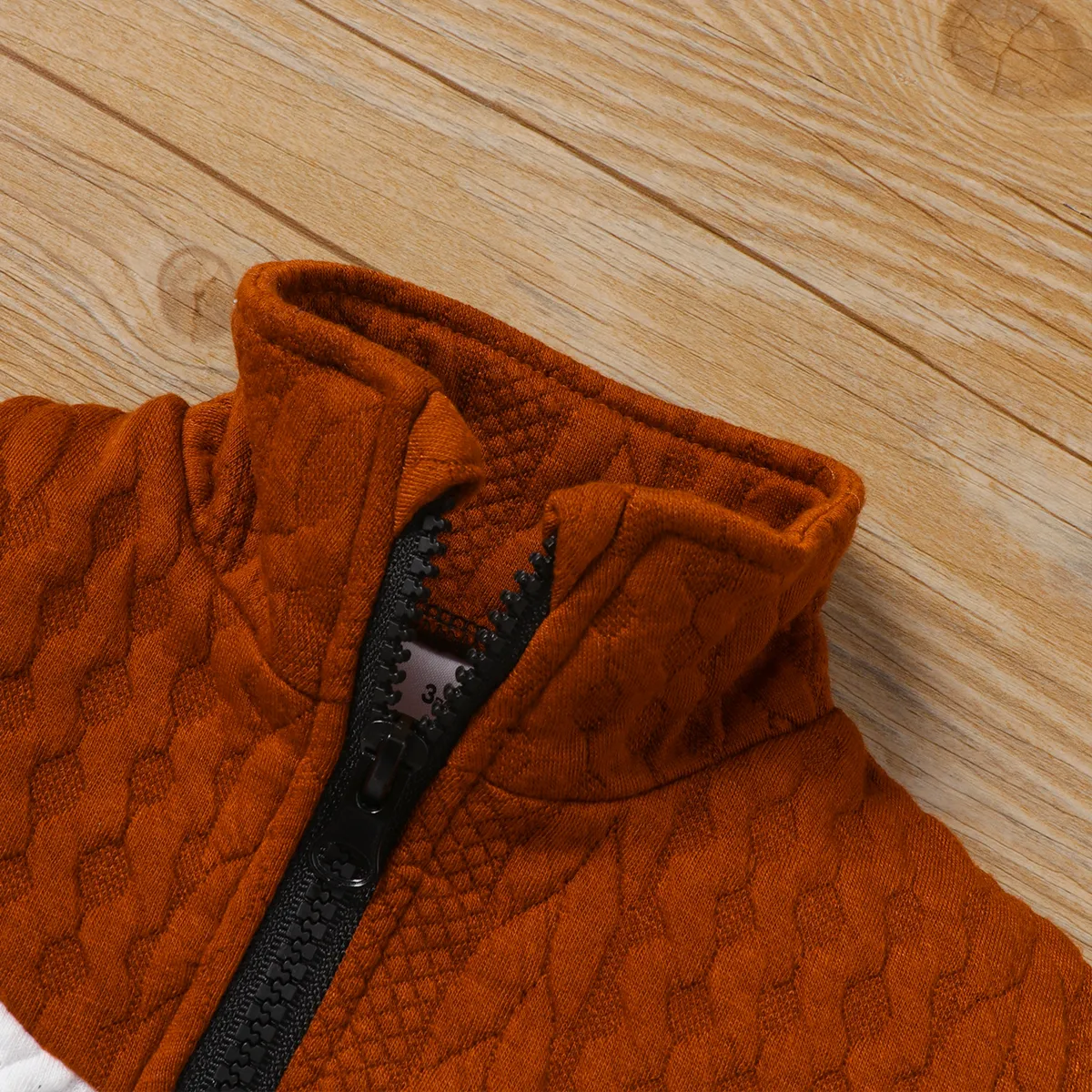 Baby Boy/Girl Imitation Knitting Colorblock Long-sleeve Zip Jacket Brown big image 1