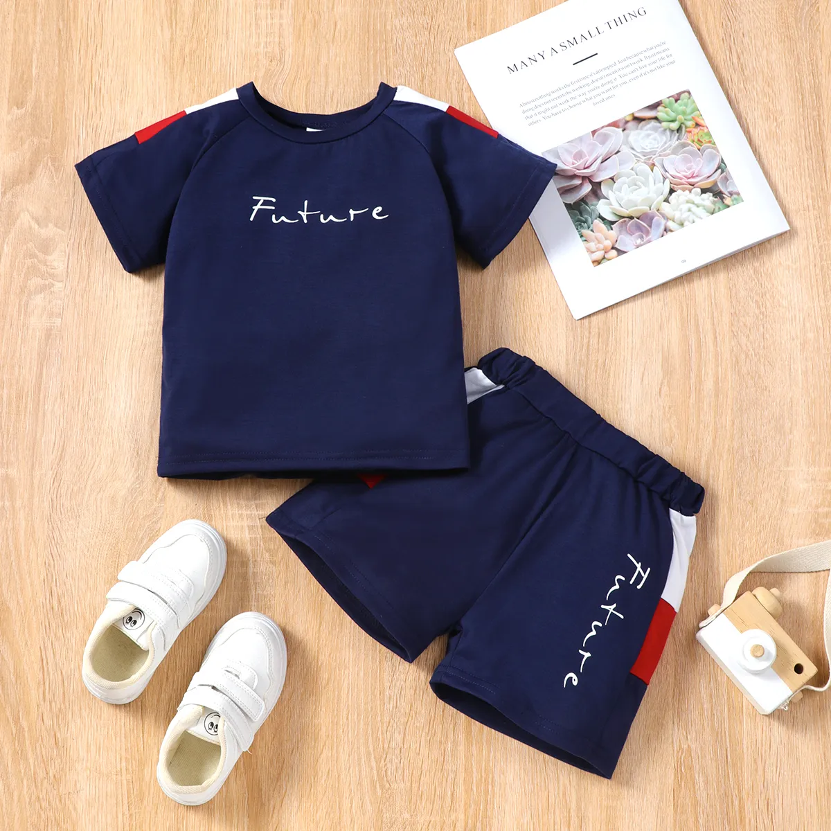 2pcs Toddler Boy Casual Colorblock Letter Print Tee & Shorts Set  image 1