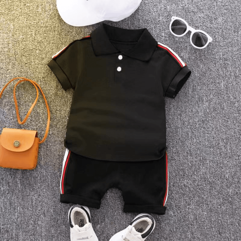 2pcs Toddler Boy Casual Colorblock Striped Polo Shirt and Shorts Set