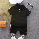 2pcs Toddler Boy Casual Colorblock Striped Polo Shirt and Shorts Set Black