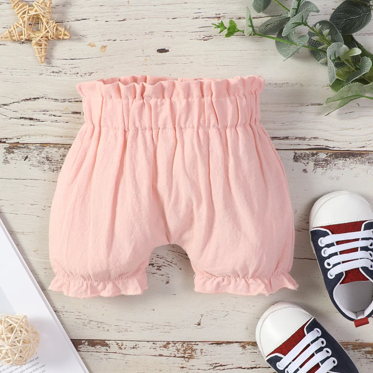 100% Cotton Baby Girl Solid Ruffle Elasticized Waist Bloomers Shorts