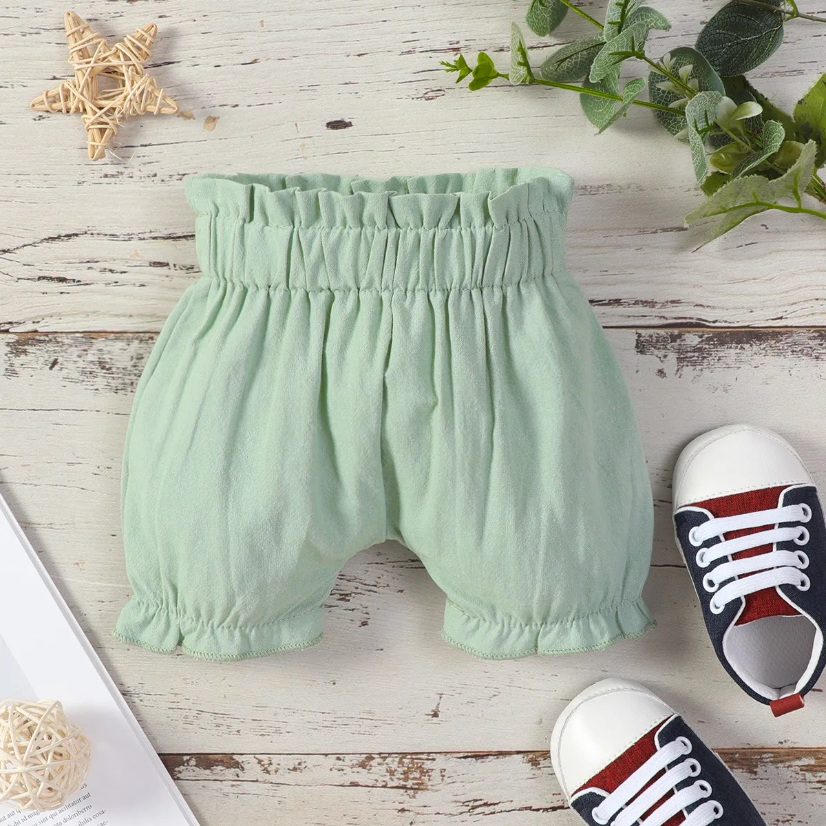 100% Cotton Baby Girl Solid Ruffle Elasticized Waist Bloomers Shorts Mint Green big image 1