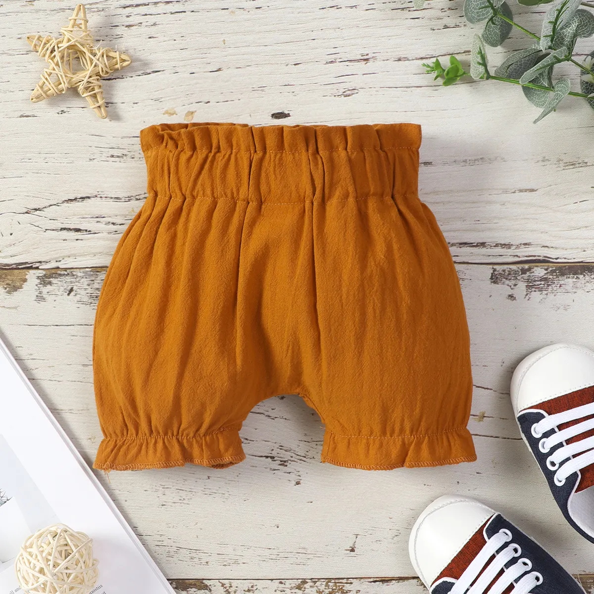 100% Cotton Baby Girl Solid Ruffle Elasticized Waist Bloomers Shorts Brown big image 1