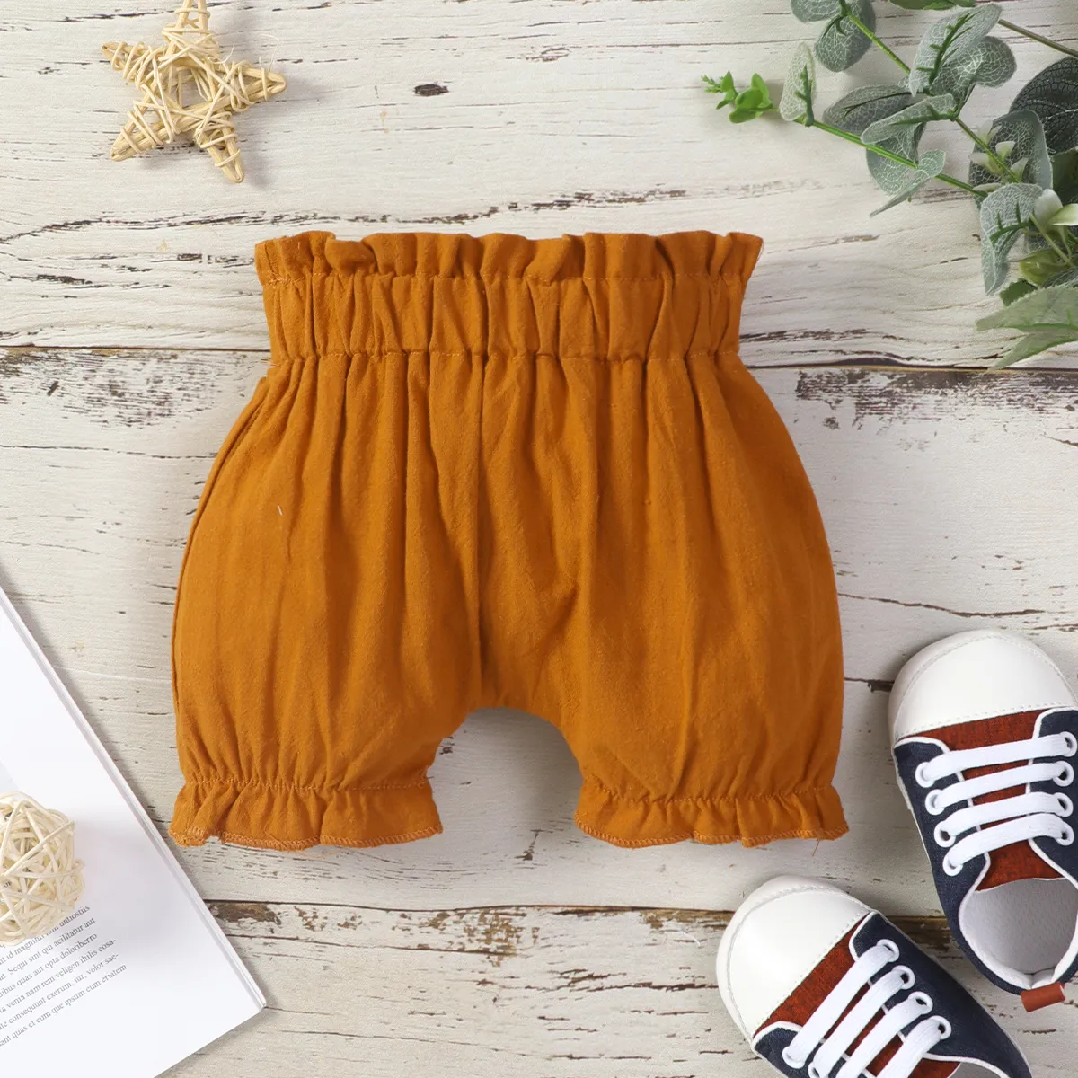 100% Cotton Baby Girl Solid Ruffle Elasticized Waist Bloomers Shorts Brown big image 1