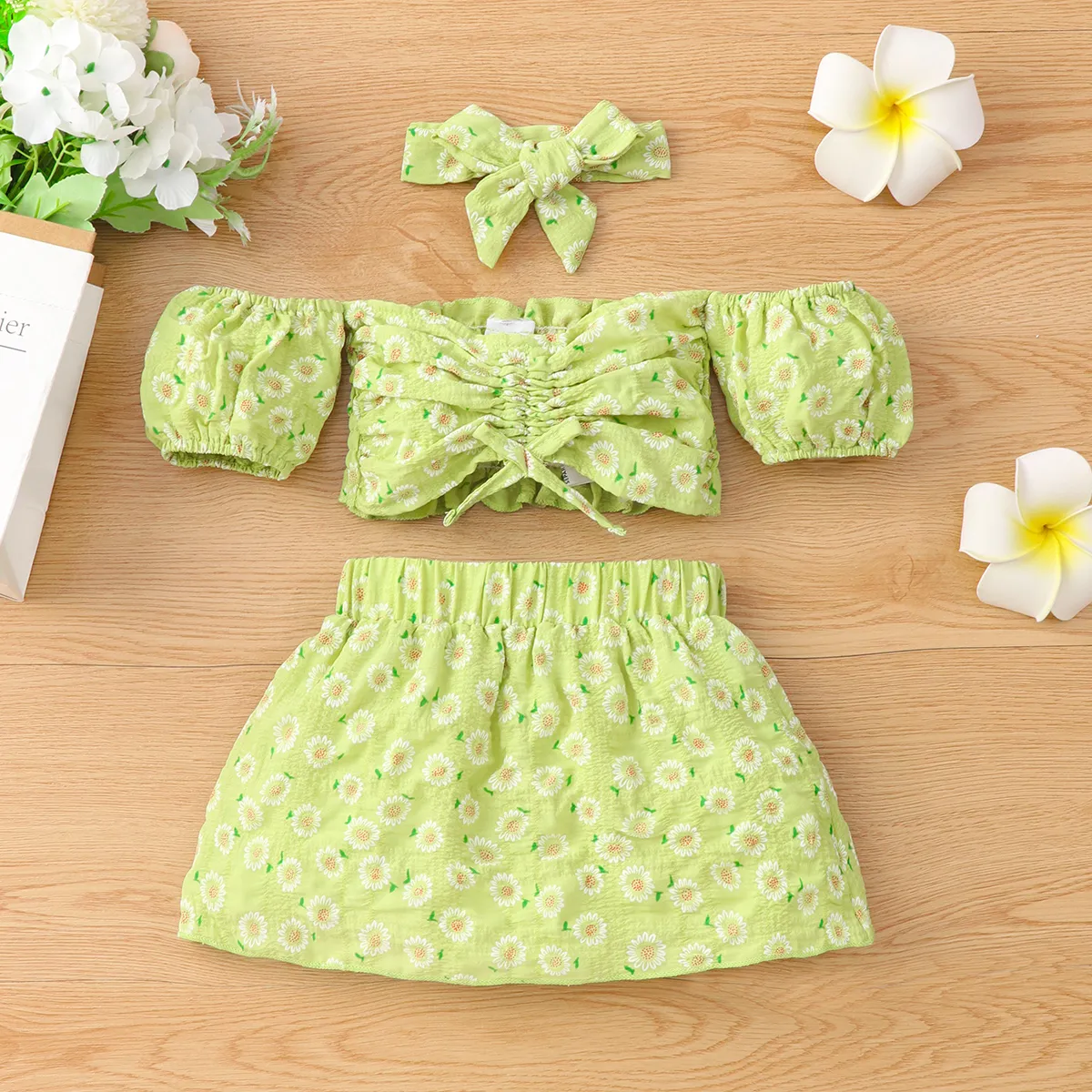 Baby Girl 3pcs Floral Print Off-Shoulder Puff-sleeve Crop Top And Skirt With Headband Set/ Espadrille Shoes