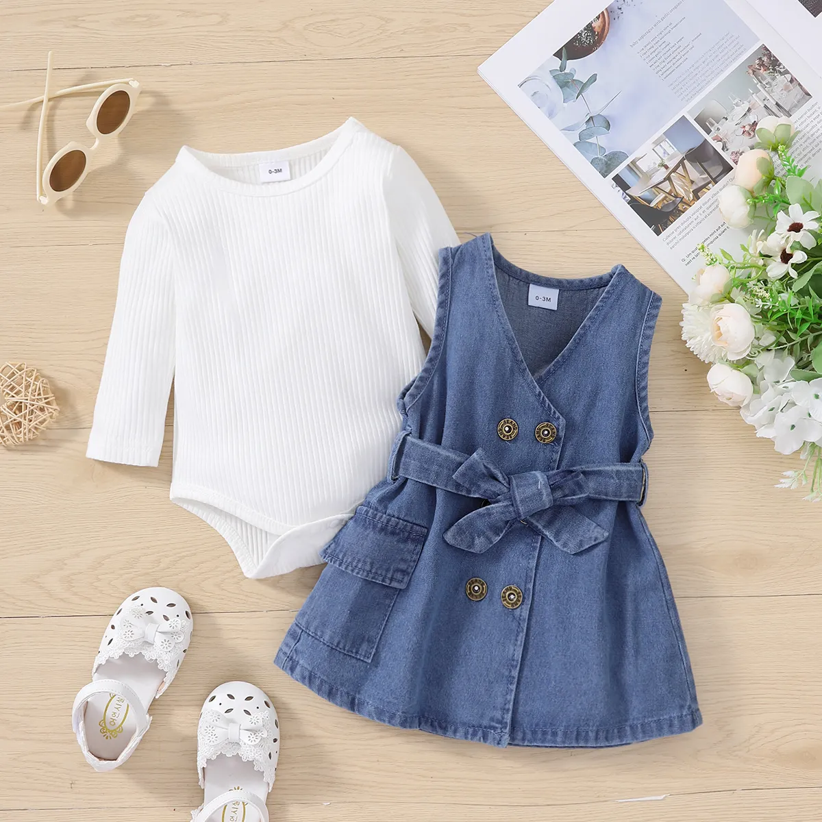 2pcs Baby Girl 95% Cotton Rib Knit Long-sleeve Romper and Double Breasted Belted Denim Tank Dress Set Blue big image 1
