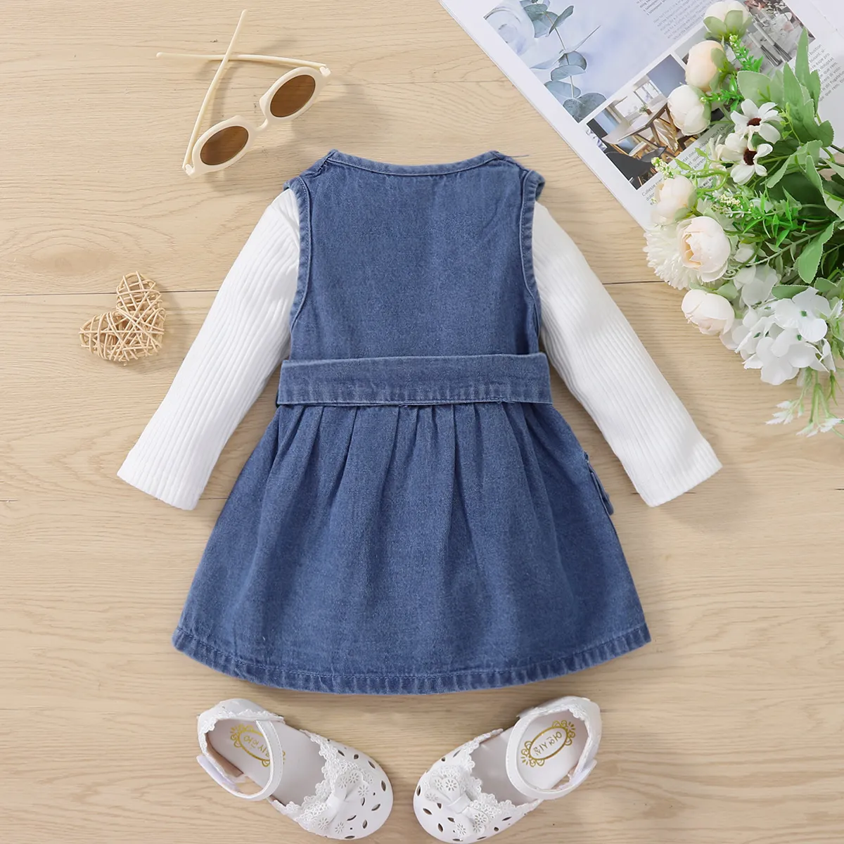 قطعتان من ملابس الأطفال الرضع 95٪ من القطن المحبوك بأكمام طويلة وحزام مزدوج الصدر من قماش الدنيم أزرق big image 1