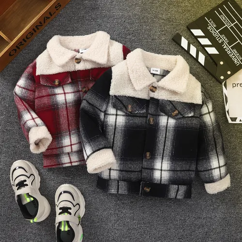 Toddler Boy Plaid Fleece Lapel Collar Button Design Coat