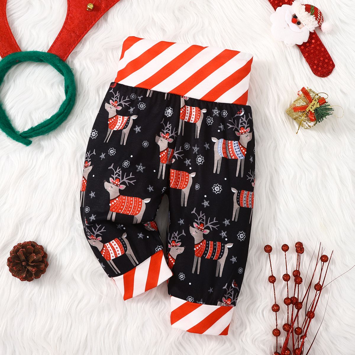 Christmas Baby Boy/Girl Striped Spliced Allover Santa/Deer Print Pants