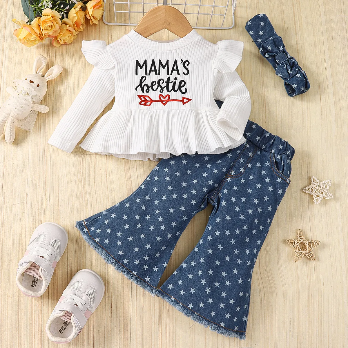 

3pcs Baby Girl 100% Cotton Allover Stars Print Flared Jeans and Letter Embroidered Rib Knit Ruffle Trim Long-sleeve Top with Headband Set