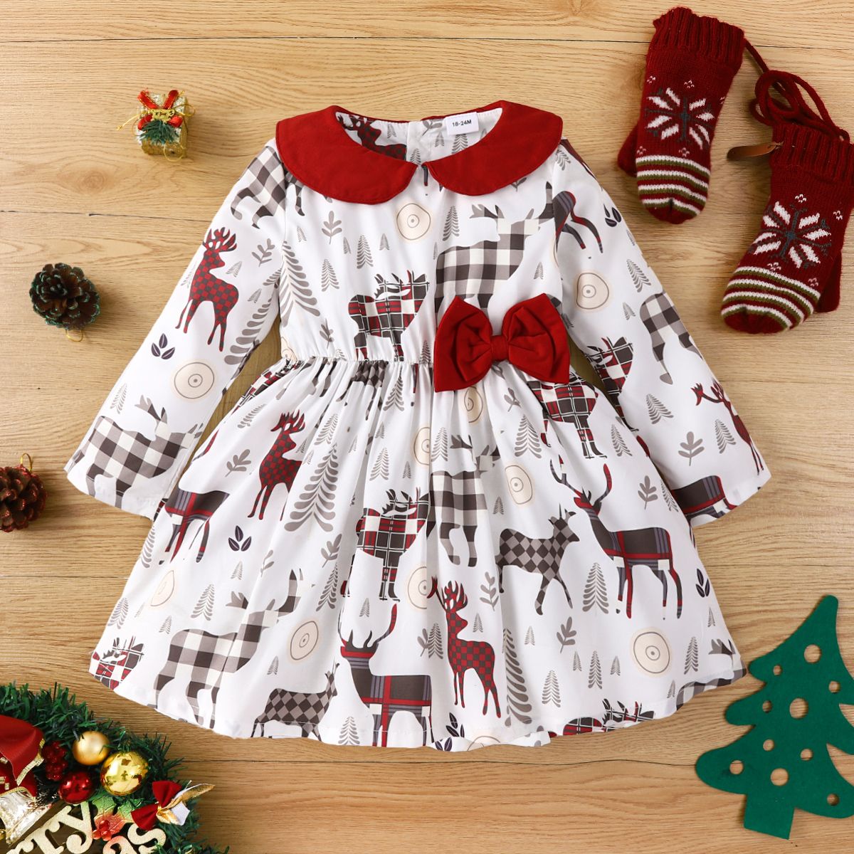 

Toddler Girl Playful Christmas Doll Collar Bowknot Design Long-sleeve Tee