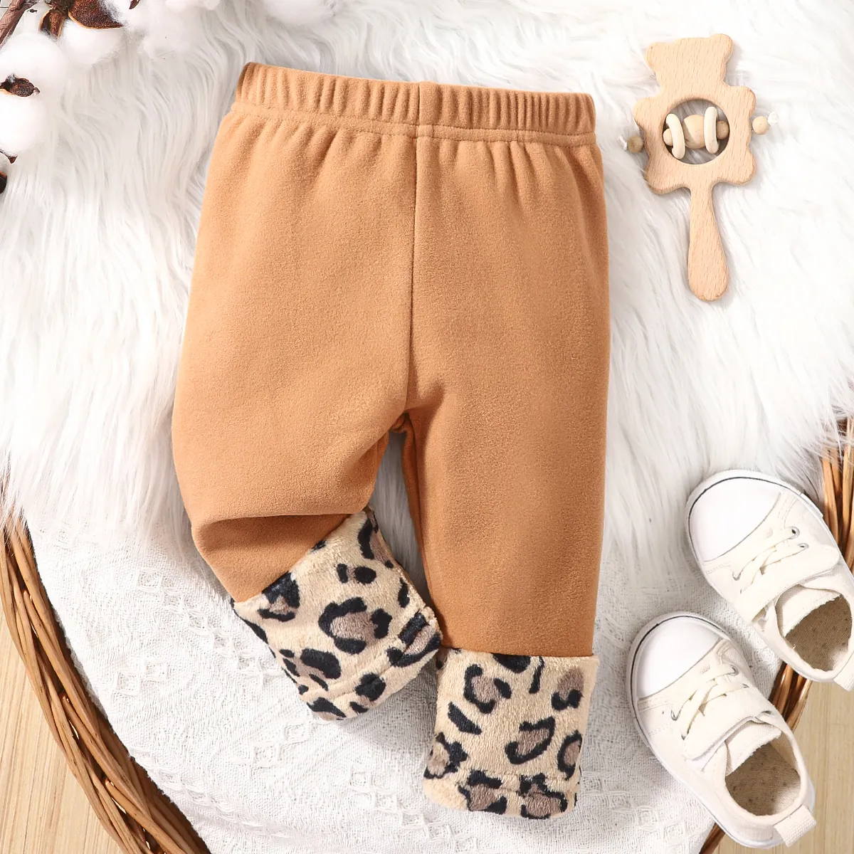 

Baby Girl Leopard Spliced Solid Fleece Leggings