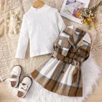 2pcs Toddler Girl Classic Mock Neck Textured Tee and Plaid Lapel Collar Belted Dress Set  image 3