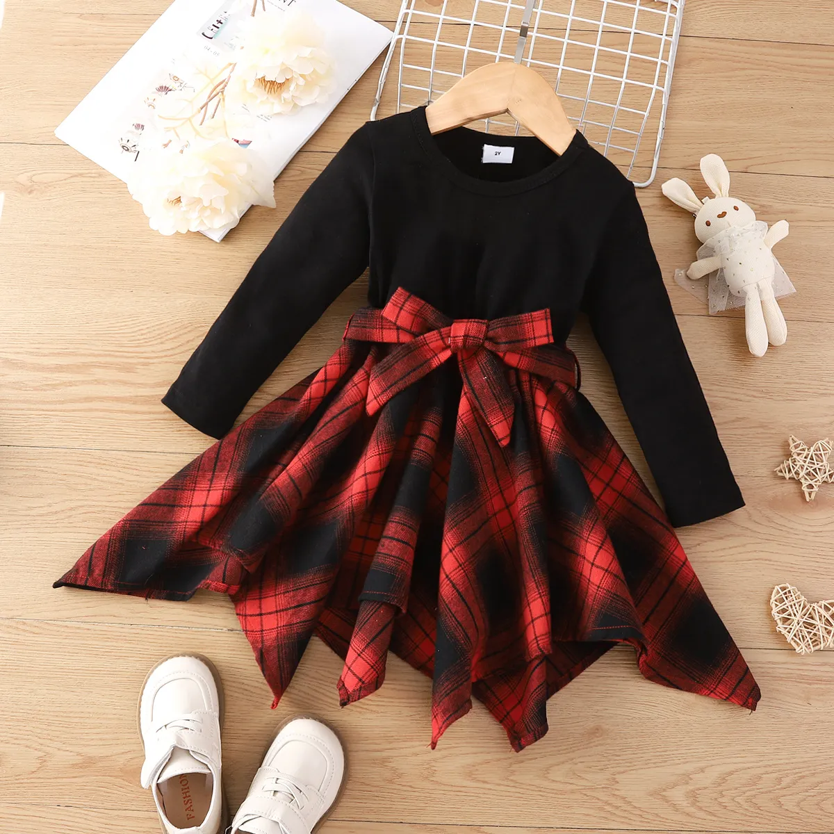Toddler Girl Plaid Irregular Hem Splice Long-sleeve Dress  big image 1
