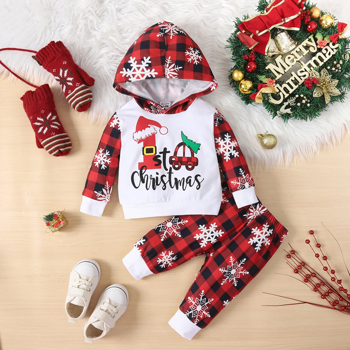 

Christmas 2pcs Baby Boy/Girl 95% Cotton Letter Print Spliced Snowflake Graphic Red Plaid Long-sleeve Hoodie and Sweatpants Set