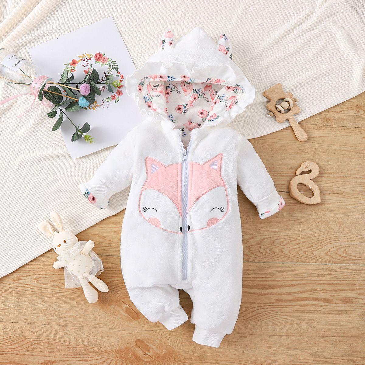 Baby Girl Fox Embroidered 3D Ears Hooded Long-sleeve Thermal Fuzzy Jumpsuit